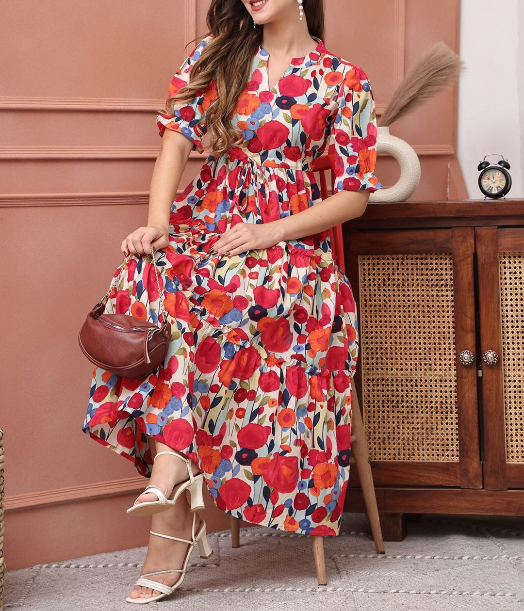 Burning Bones Multicolor Floral Printed Tiered Midi Dress | Puff Sleeve Cotton Dress for Women