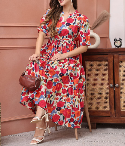 Burning Bones Multicolor Floral Printed Tiered Midi Dress | Puff Sleeve Cotton Dress for Women