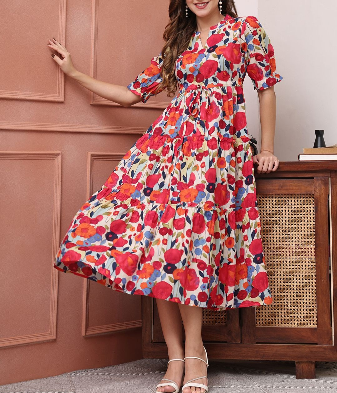 Burning Bones Multicolor Floral Printed Tiered Midi Dress | Puff Sleeve Cotton Dress for Women