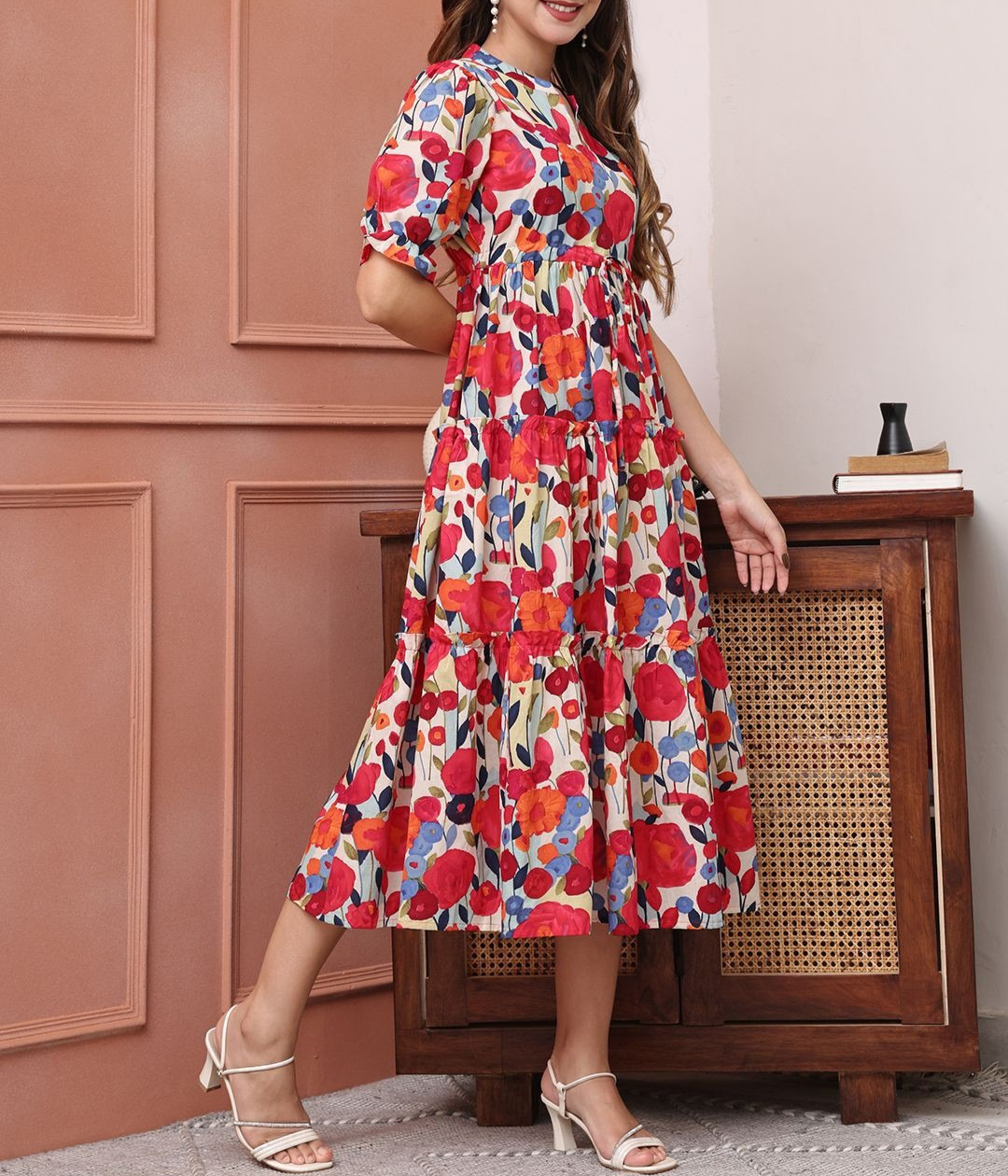 Burning Bones Multicolor Floral Printed Tiered Midi Dress | Puff Sleeve Cotton Dress for Women