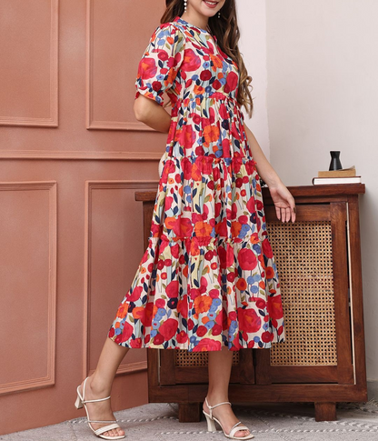 Burning Bones Multicolor Floral Printed Tiered Midi Dress | Puff Sleeve Cotton Dress for Women