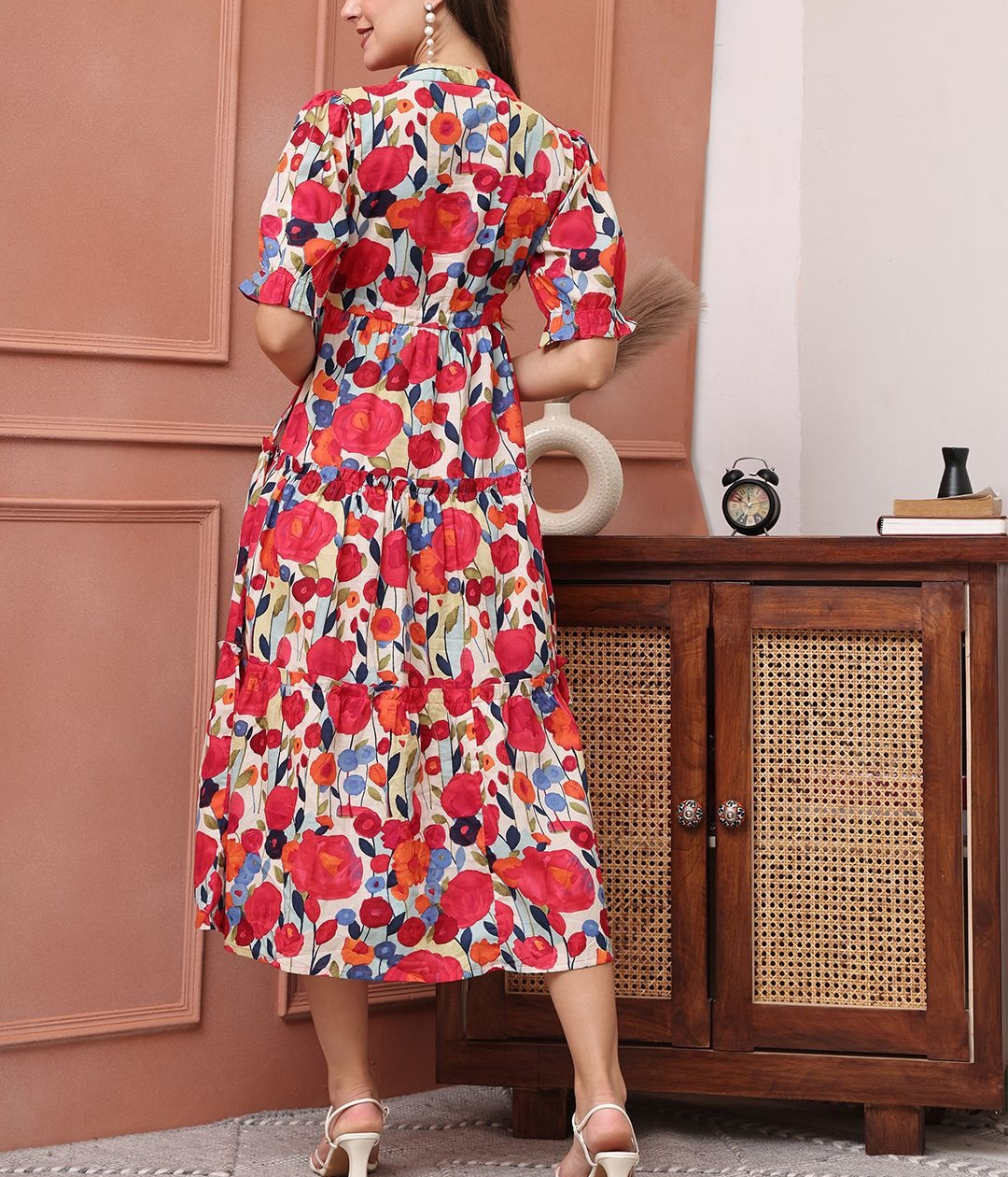 Burning Bones Multicolor Floral Printed Tiered Midi Dress | Puff Sleeve Cotton Dress for Women