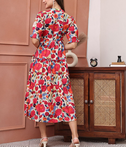 Burning Bones Multicolor Floral Printed Tiered Midi Dress | Puff Sleeve Cotton Dress for Women