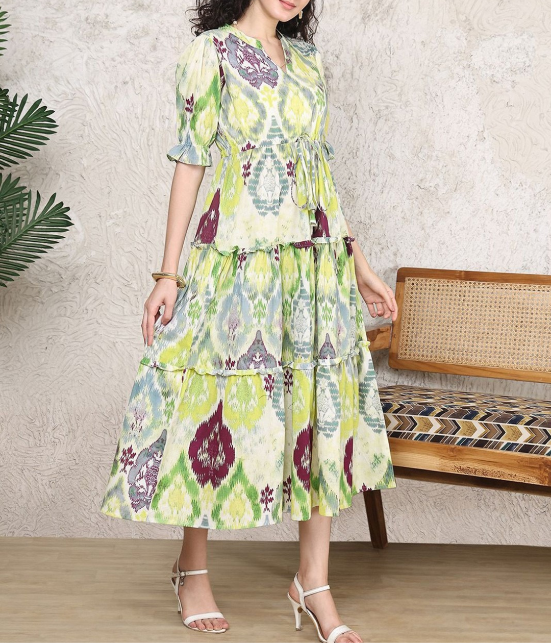 Burning Bones Ikat Print Belted Midi Shirt Dress for Women | Ethnic-Inspired Casual Dress