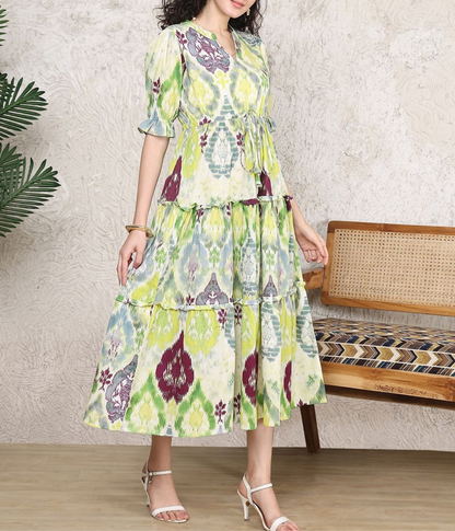 Burning Bones Ikat Print Belted Midi Shirt Dress for Women | Ethnic-Inspired Casual Dress
