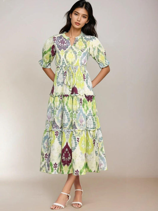 Burning Bones Ikat Print Belted Midi Shirt Dress for Women | Ethnic-Inspired Casual Dress