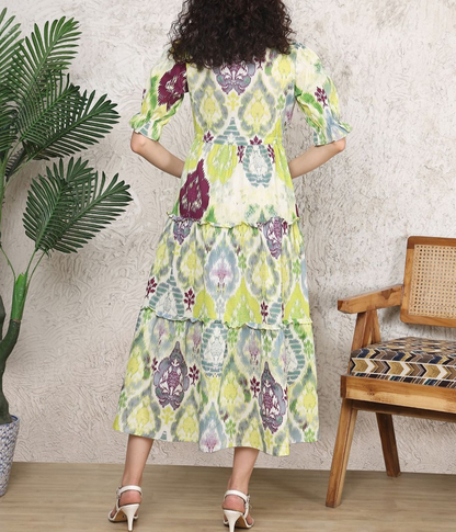 Burning Bones Ikat Print Belted Midi Shirt Dress for Women | Ethnic-Inspired Casual Dress