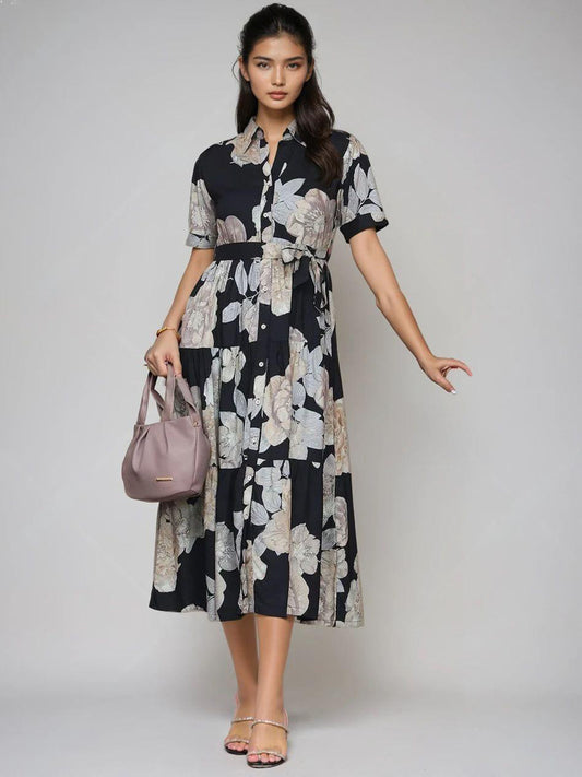 Burning Bones Black Floral Shirt Midi Dress for Women  | Elegant Belted Summer Dress