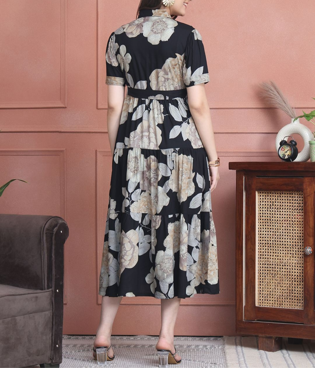 Burning Bones Black Floral Shirt Midi Dress for Women  | Elegant Belted Summer Dress