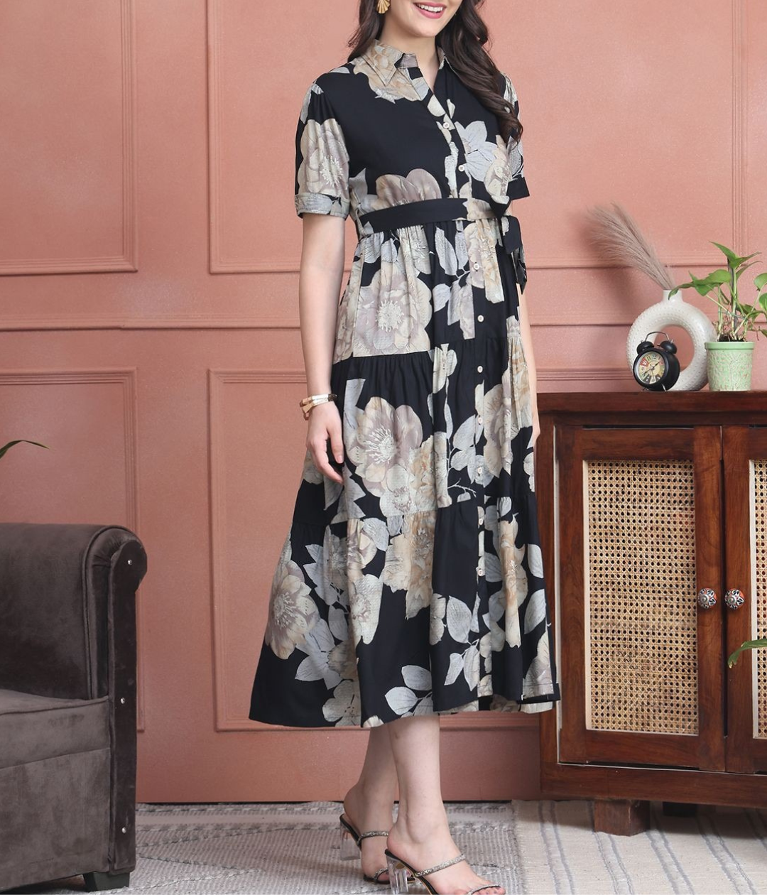 Burning Bones Black Floral Shirt Midi Dress for Women  | Elegant Belted Summer Dress