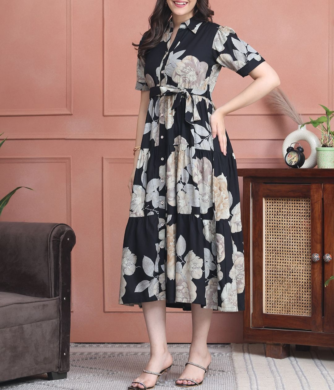 Burning Bones Black Floral Shirt Midi Dress for Women  | Elegant Belted Summer Dress