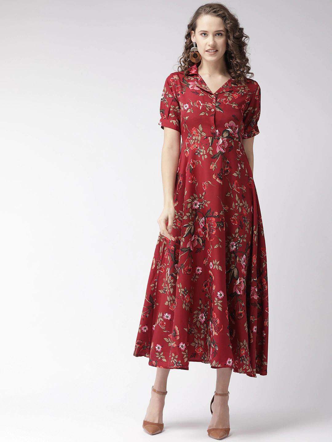 Burning Bones Crepe Floral Printed Full Length Fit & Flared Western Maxi Dress