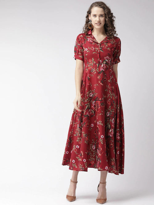Burning Bones Crepe Floral Printed Full Length Fit & Flared Western Maxi Dress