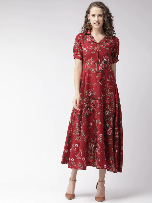 Burning Bones Crepe Floral Printed Full Length Fit & Flared Western Maxi Dress