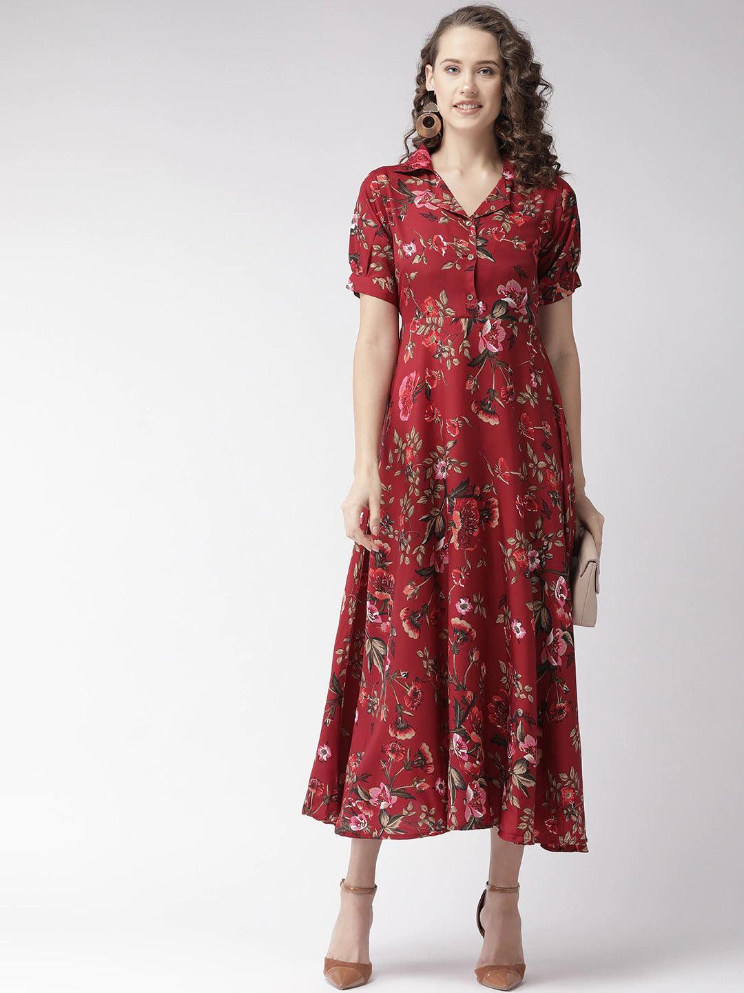 Burning Bones Crepe Floral Printed Full Length Fit & Flared Western Maxi Dress