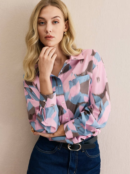 Burning Bones Pastel Abstract Print Button-Down Shirt for Women | Soft Cotton Casual Shirt