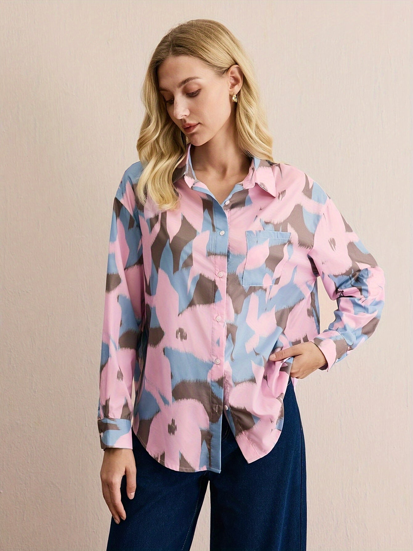 Burning Bones Pastel Abstract Print Button-Down Shirt for Women | Soft Cotton Casual Shirt