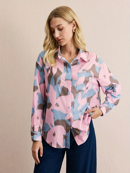 Burning Bones Pastel Abstract Print Button-Down Shirt for Women | Soft Cotton Casual Shirt