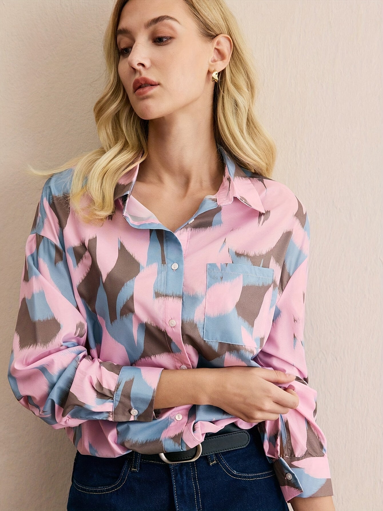 Burning Bones Pastel Abstract Print Button-Down Shirt for Women | Soft Cotton Casual Shirt