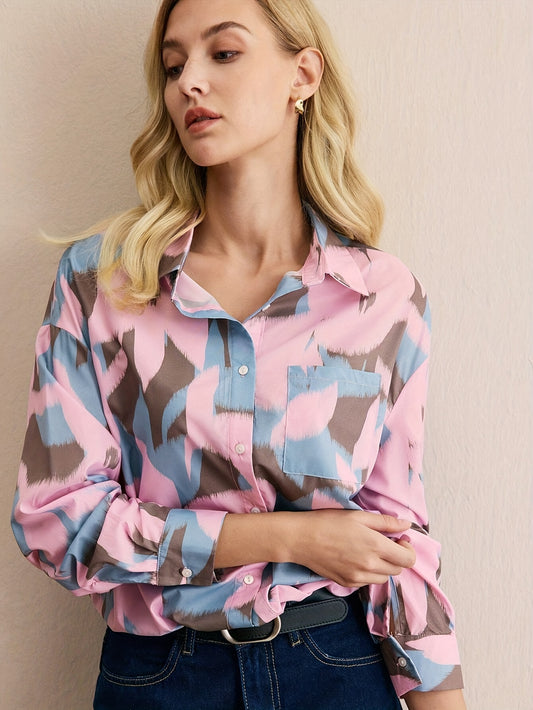 Burning Bones Pastel Abstract Print Button-Down Shirt for Women | Soft Cotton Casual Shirt