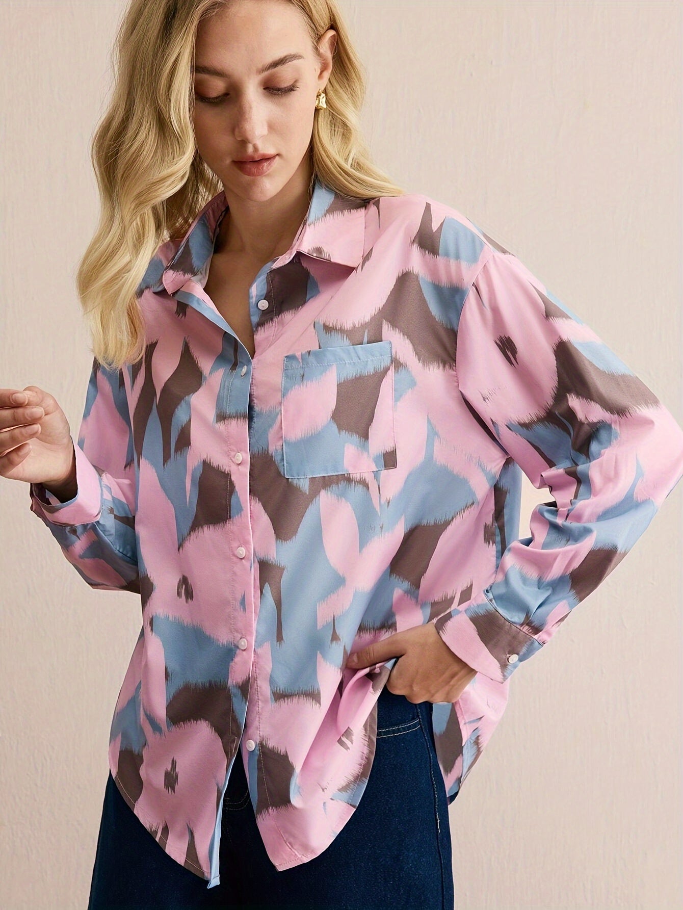 Burning Bones Pastel Abstract Print Button-Down Shirt for Women | Soft Cotton Casual Shirt