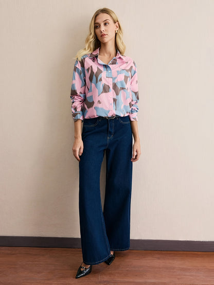 Burning Bones Pastel Abstract Print Button-Down Shirt for Women | Soft Cotton Casual Shirt