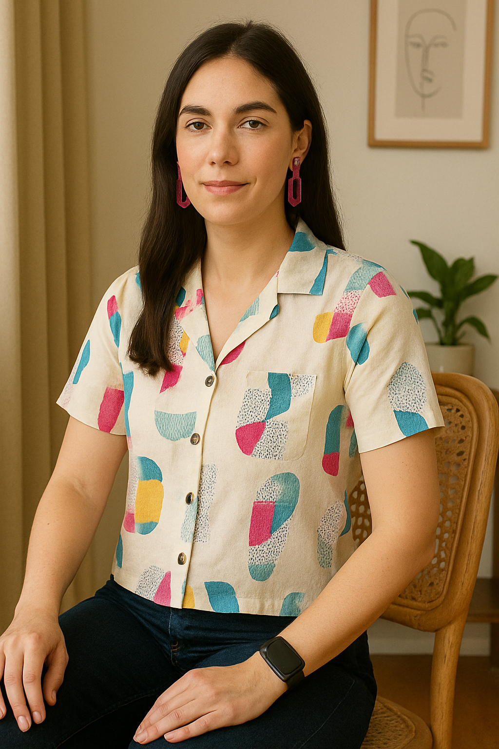 Burning Bones Abstract Print Short Sleeve Button-Down Shirt for Women | Casual Summer Top