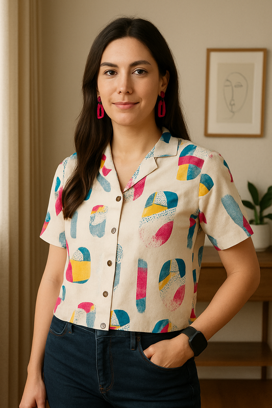 Burning Bones Abstract Print Short Sleeve Button-Down Shirt for Women | Casual Summer Top