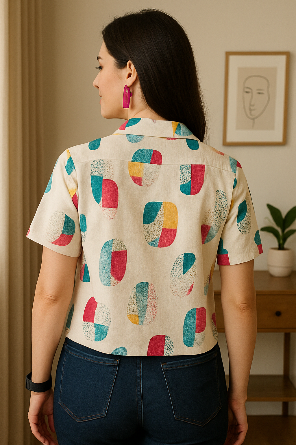 Burning Bones Abstract Print Short Sleeve Button-Down Shirt for Women | Casual Summer Top