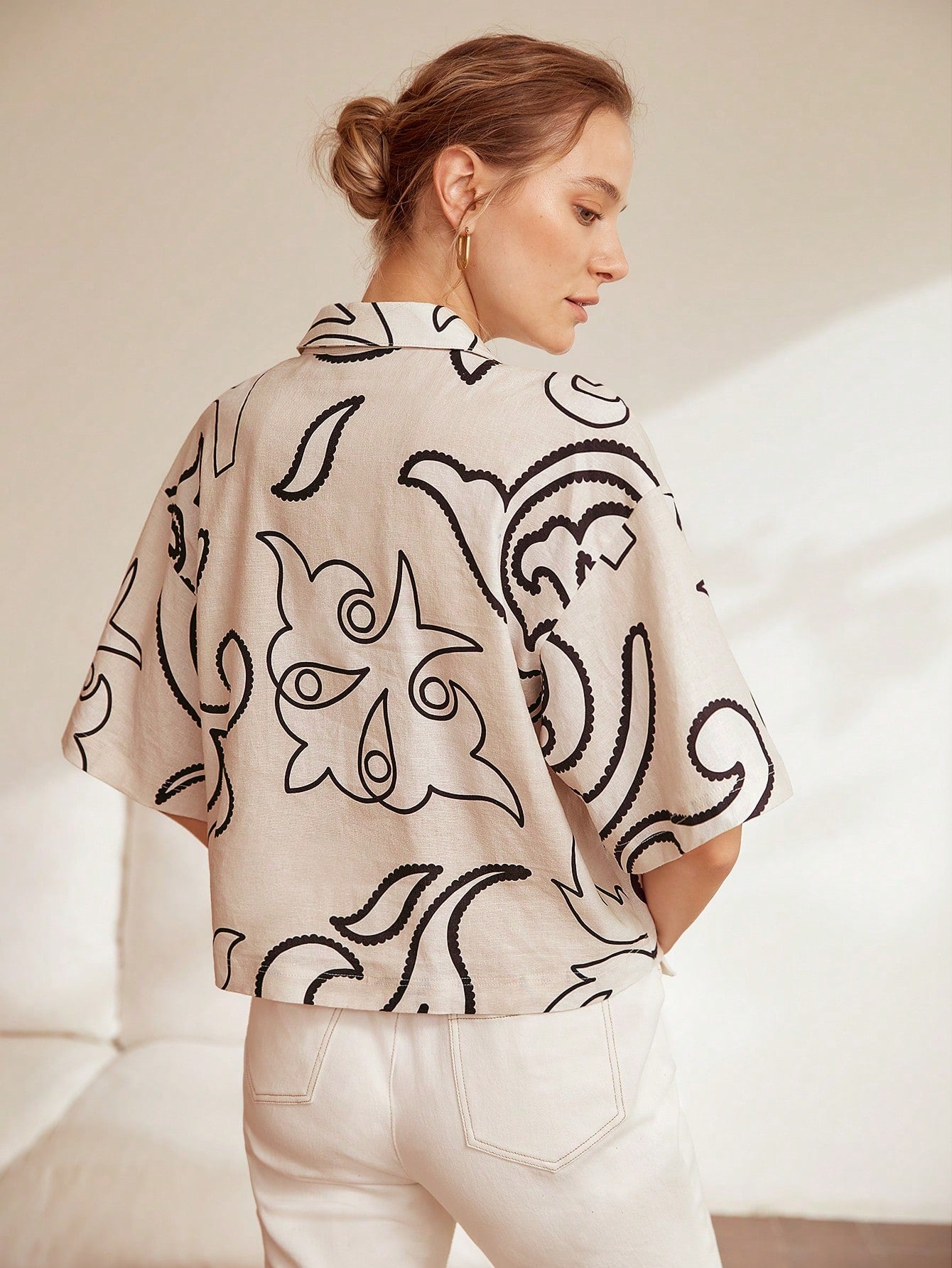 Burning Bones Beige Shirt with Black Abstract Print | Chic Short Sleeve Summer Top for Women