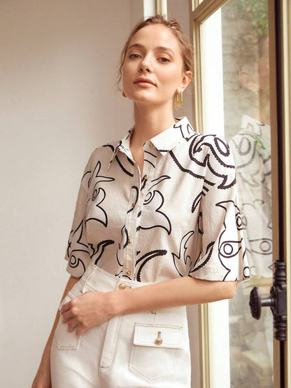 Burning Bones Beige Shirt with Black Abstract Print | Chic Short Sleeve Summer Top for Women