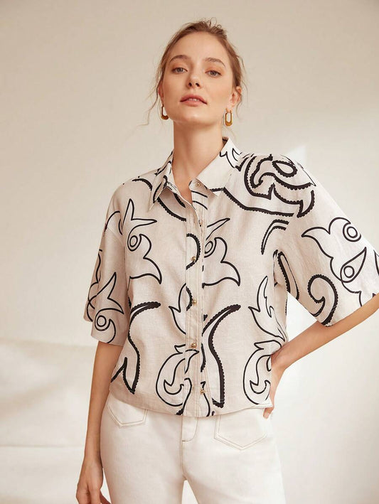 Burning Bones Beige Shirt with Black Abstract Print | Chic Short Sleeve Summer Top for Women
