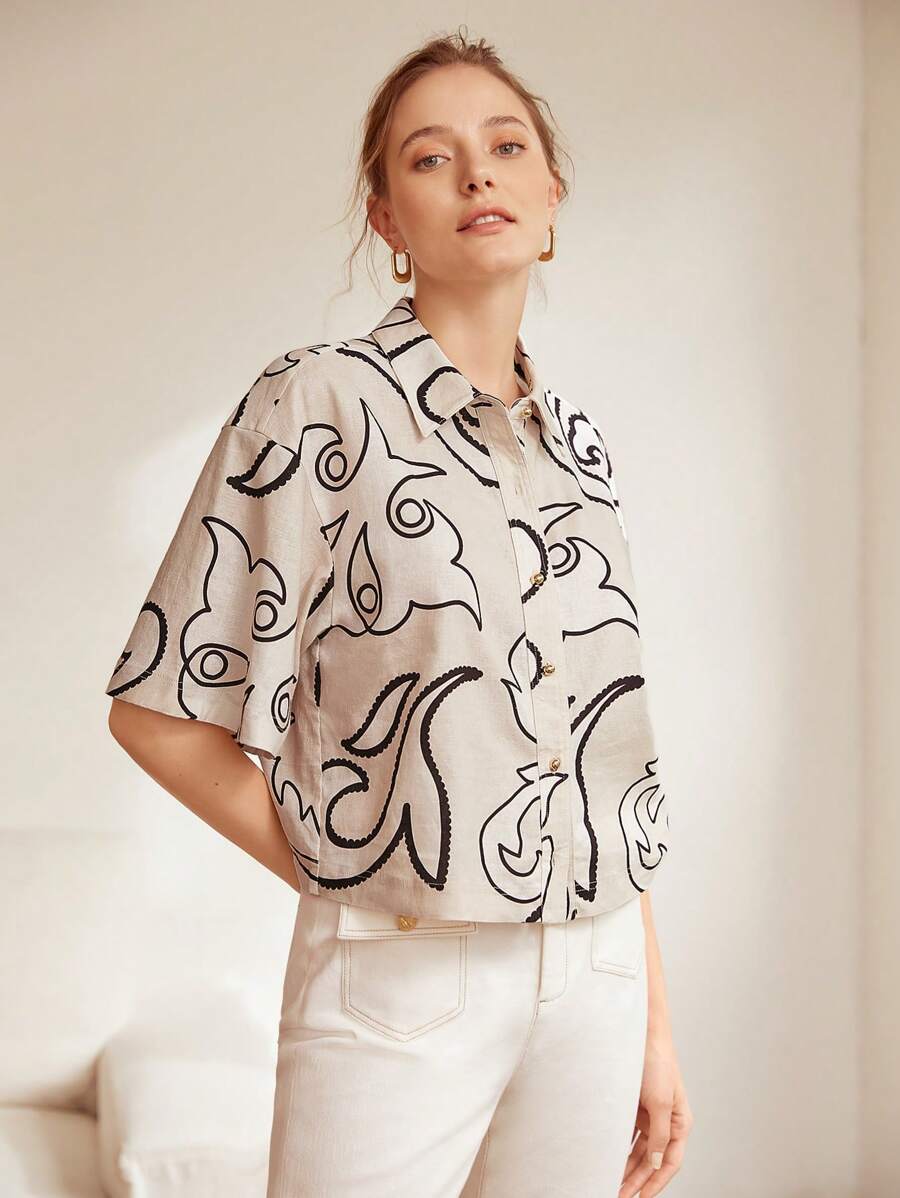 Burning Bones Beige Shirt with Black Abstract Print | Chic Short Sleeve Summer Top for Women