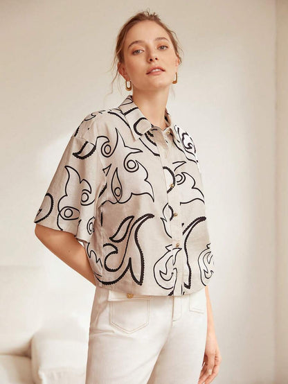 Burning Bones Beige Shirt with Black Abstract Print | Chic Short Sleeve Summer Top for Women