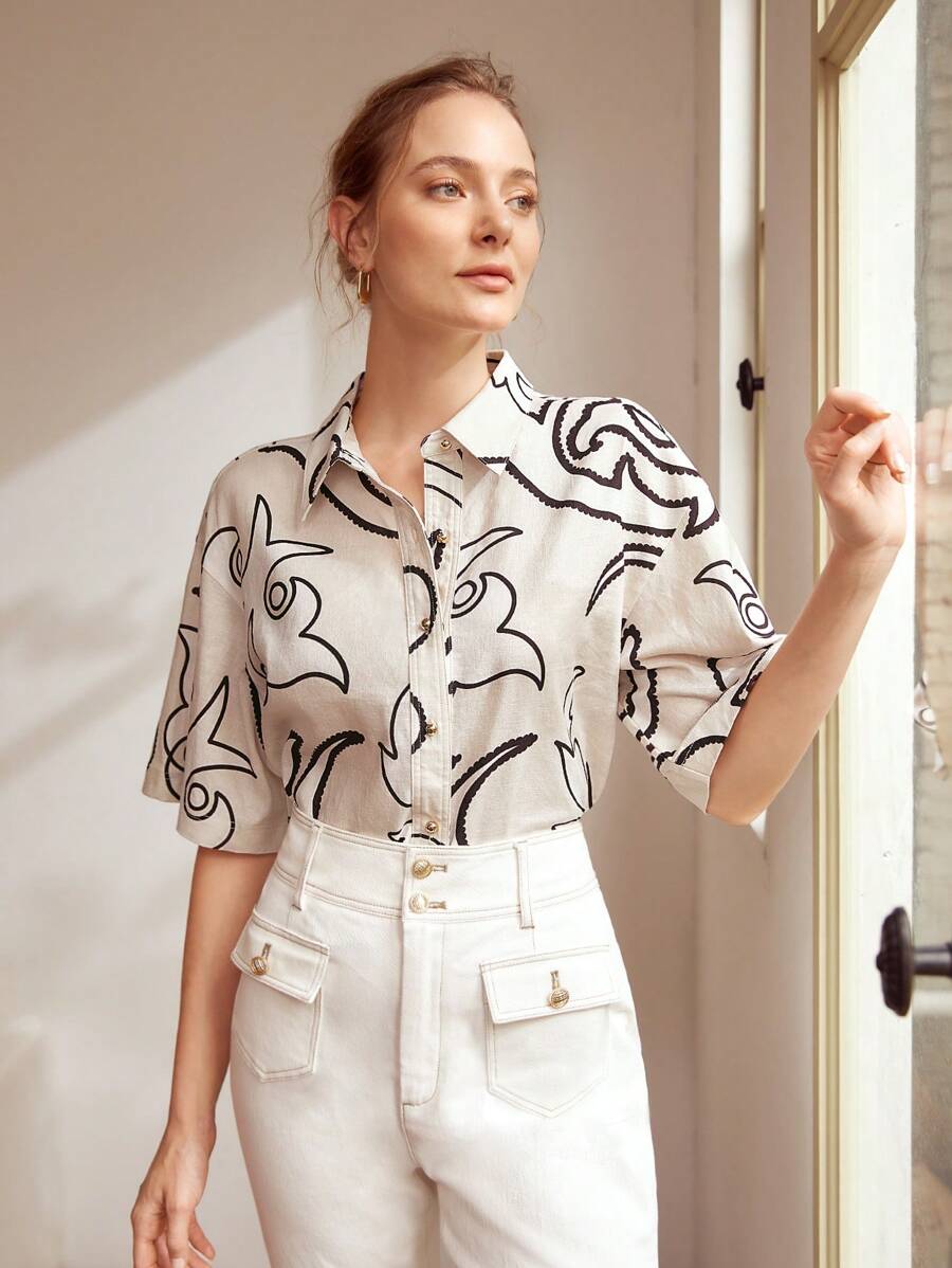 Burning Bones Beige Shirt with Black Abstract Print | Chic Short Sleeve Summer Top for Women