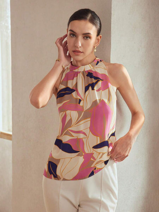 Burning Bones Abstract Floral Sleeveless Halter Top for Women | Elegant Printed Summer Blouse