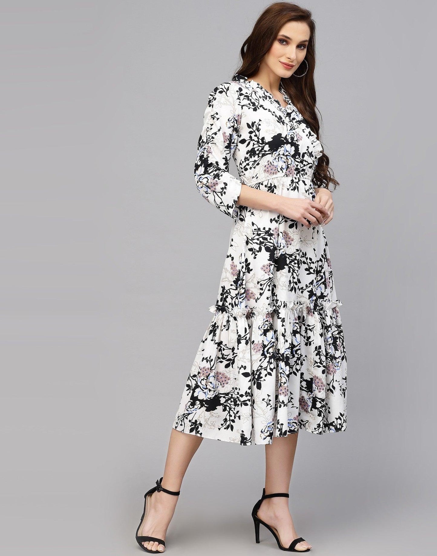 Burning Bones Women's Crepe Floral Printed Ruffled Western Maxi Dress