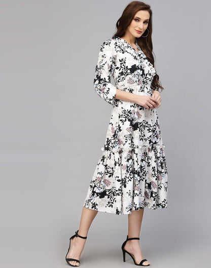 Burning Bones Women's Crepe Floral Printed Ruffled Western Maxi Dress