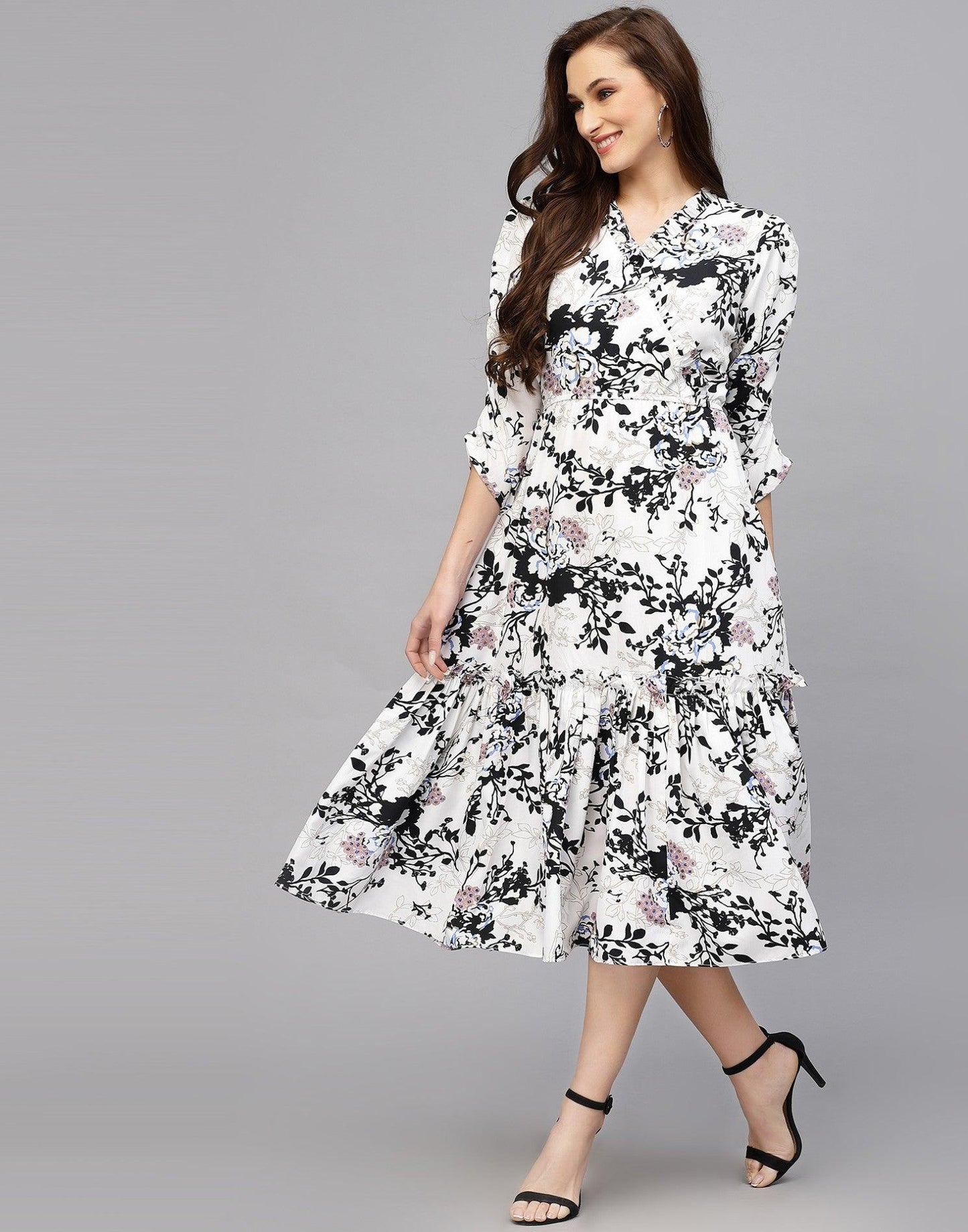 Burning Bones Women's Crepe Floral Printed Ruffled Western Maxi Dress