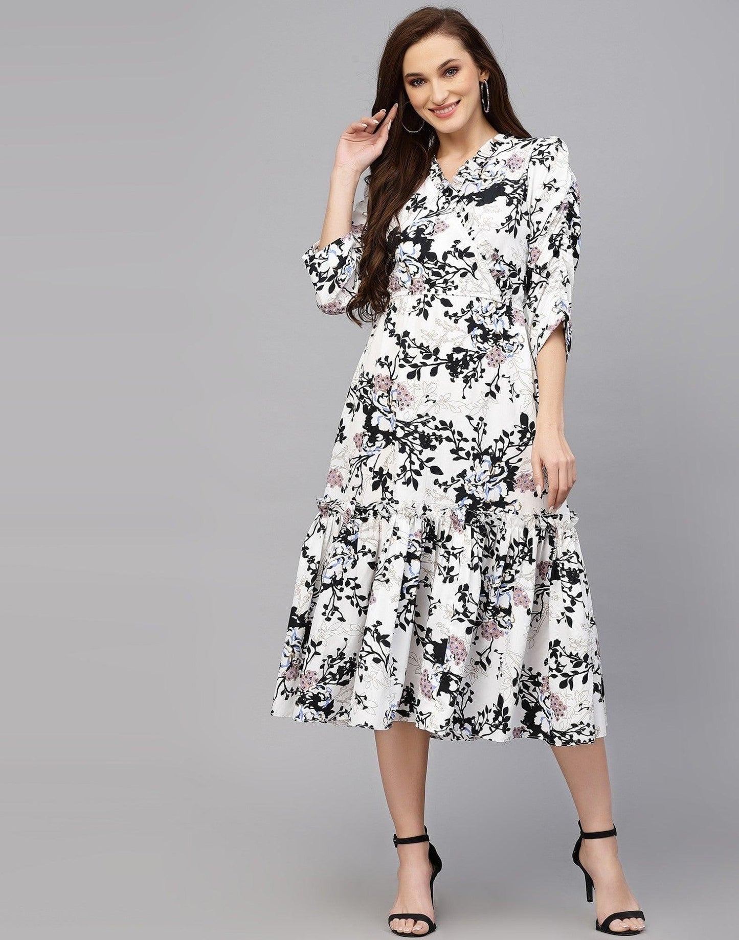 Burning Bones Women's Crepe Floral Printed Ruffled Western Maxi Dress
