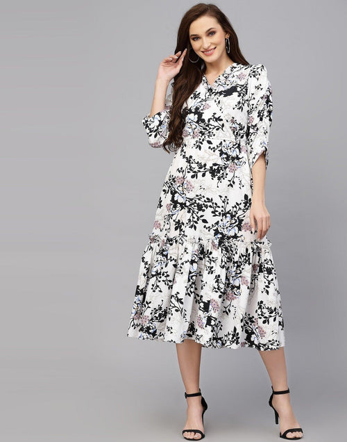 Burning Bones Women's Crepe Floral Printed Ruffled Western Maxi Dress