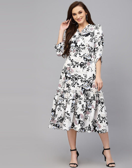 Burning Bones Women's Crepe Floral Printed Ruffled Western Maxi Dress
