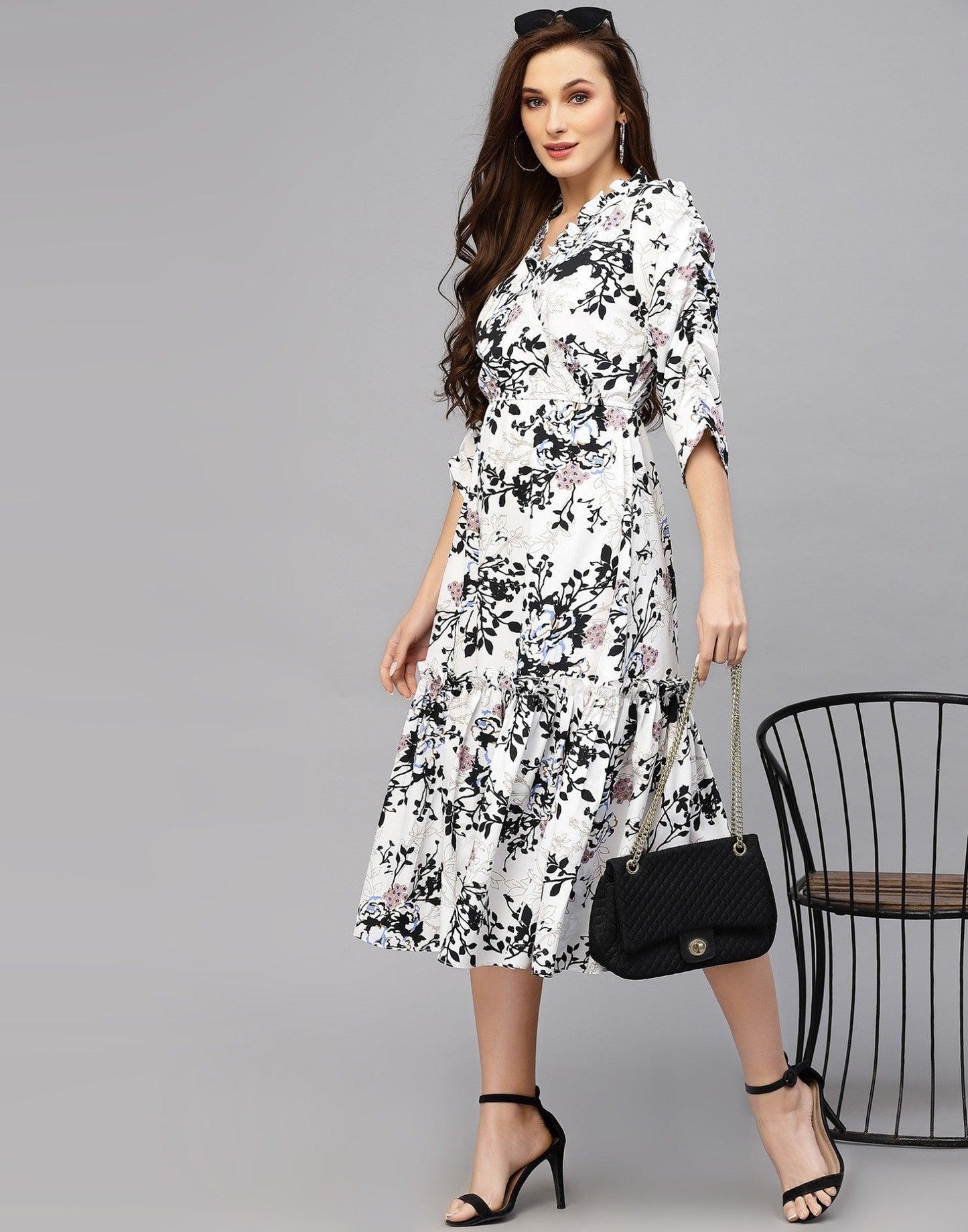 Burning Bones Women's Crepe Floral Printed Ruffled Western Maxi Dress