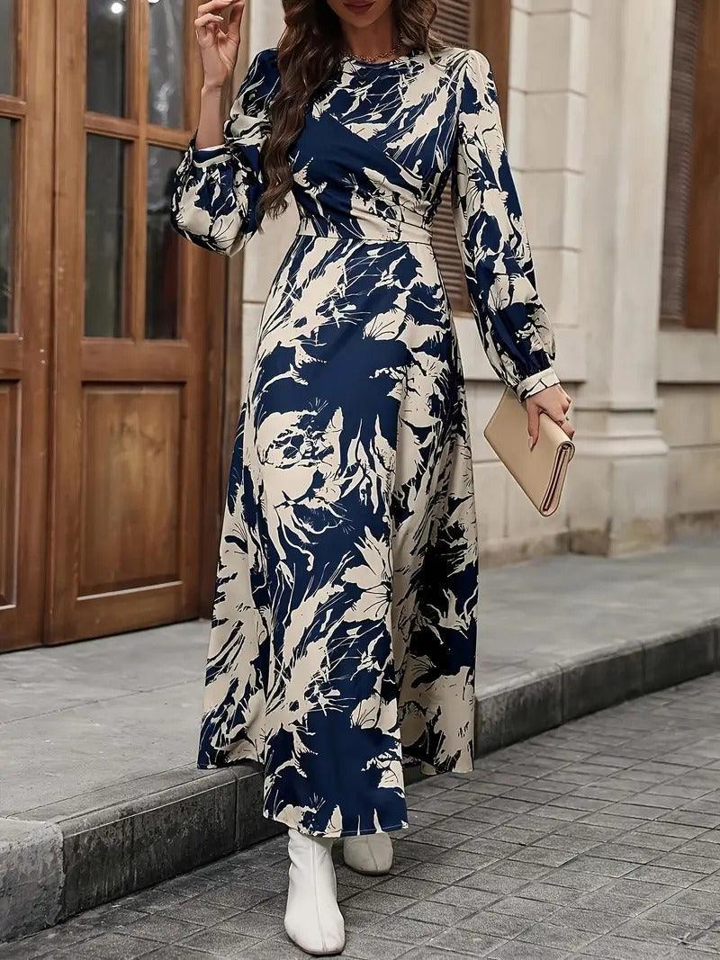 Burning Bones Allover Print Crew Neck Dress, Elegant Long Sleeve Ankle Length Dress