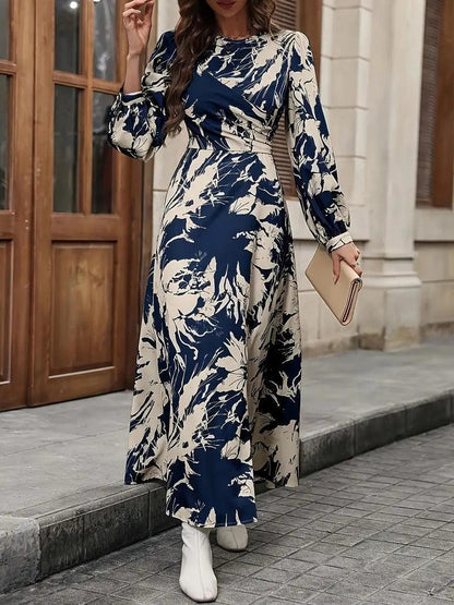Burning Bones Allover Print Crew Neck Dress, Elegant Long Sleeve Ankle Length Dress