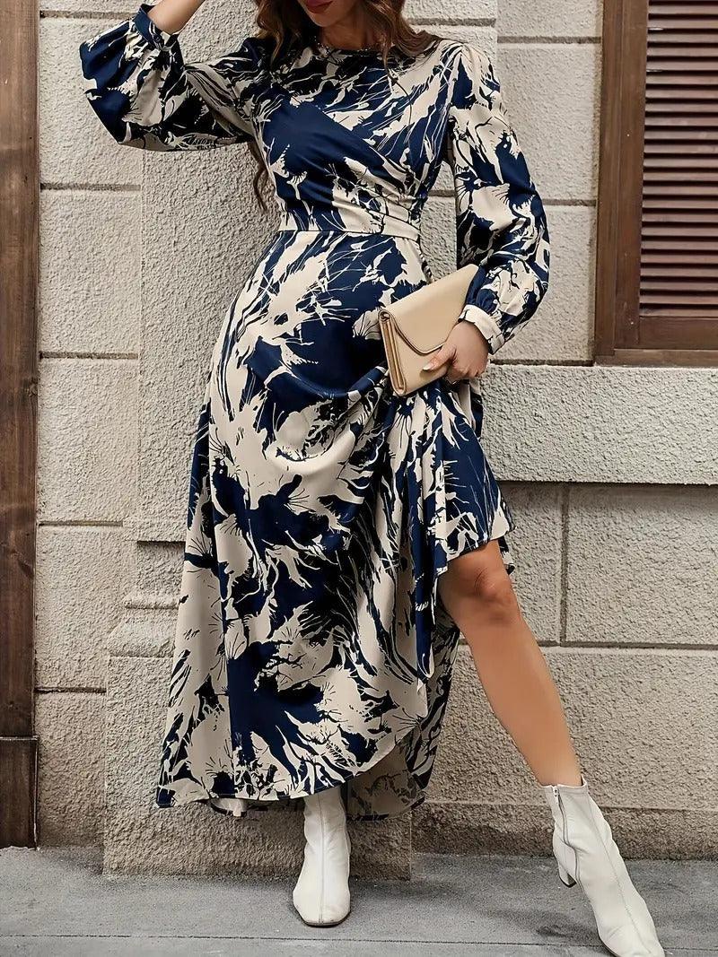 Burning Bones Allover Print Crew Neck Dress, Elegant Long Sleeve Ankle Length Dress