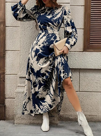 Burning Bones Allover Print Crew Neck Dress, Elegant Long Sleeve Ankle Length Dress