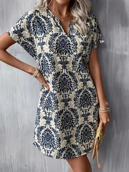 Burning Bones Ethnic Floral Print Dress, Vintage Notched Neck Short Sleeve Dress