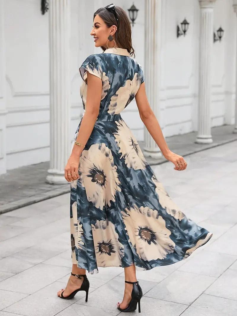 Burning Bones Cotton Fit and Flare Printed Cap Sleeve Coller-Neck Casual Maxi Dress