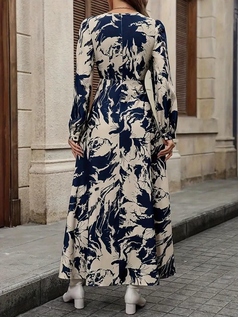 Burning Bones Allover Print Crew Neck Dress, Elegant Long Sleeve Ankle Length Dress